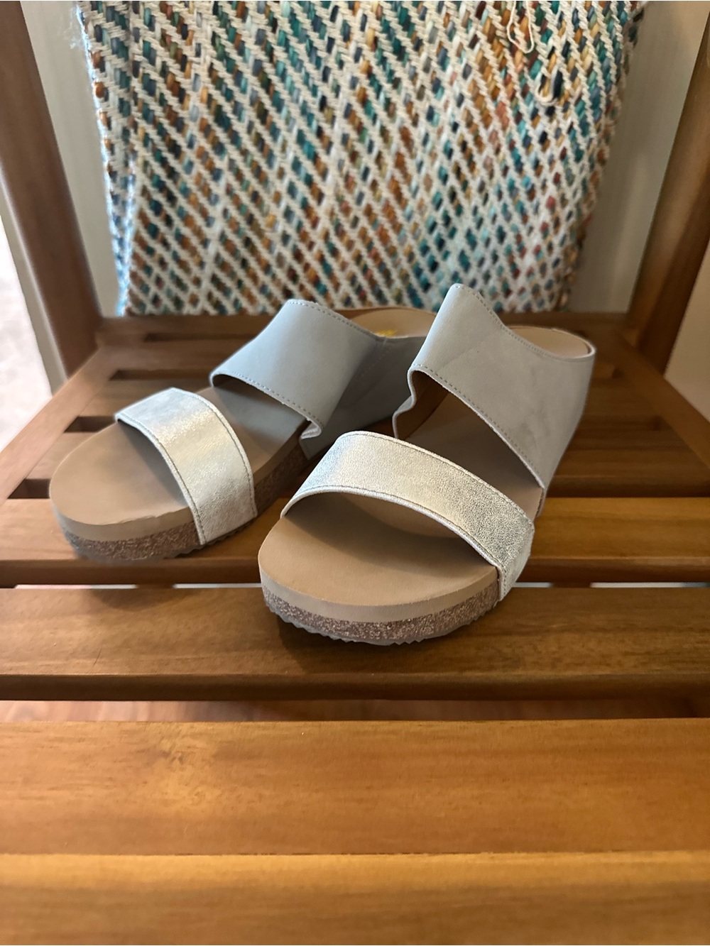 Volatile Silver Metallic and Light Gray Two-Strap Slide Sandals